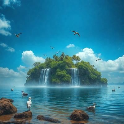 The primary subject of the image is a beautiful island with a waterfall, surrounded by a blue ocean. The island is home to a variety of birds, including seagulls, which are scattered throughout the scene. The birds are perched on rocks and flying around the island, creating a lively and serene atmosphere. The visual style of the image is a combination of photo and digital art, resulting in a stunning and realistic representation of the island and its surroundings. The colors and mood of the image are predominantly blue and calming, reflecting the tranquility of the island and the ocean.
